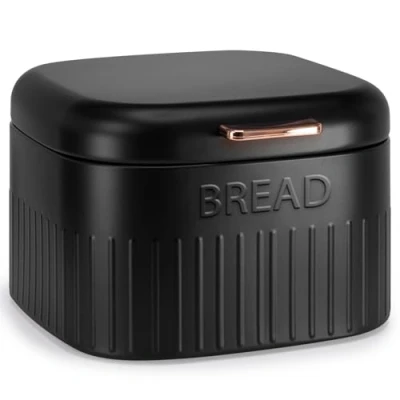 Image of EHC Large Metal Bread Box Bin, Kitchen Storage For Countertop With Hinged Lid, Black