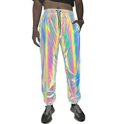 Image of Rainbow Reflective Shorts Pants Men Fluorescent Trousers Casual Night Jogger (Pants, XL)