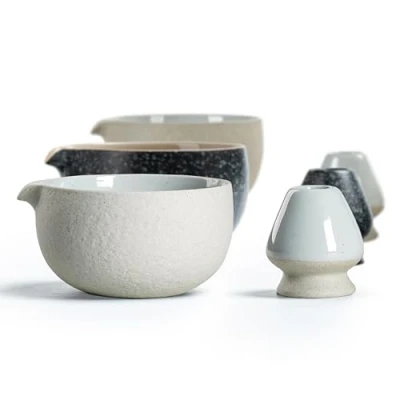 Image of TEANAGOO Japanese Natural Rock Texture Matcha Chawan with Whisk Rest, 18 OZ. K13, Lt. Grey, Tea Bowl, Ceramic Bowls for Matcha, Bowl Traditional Ceremonial Accessories