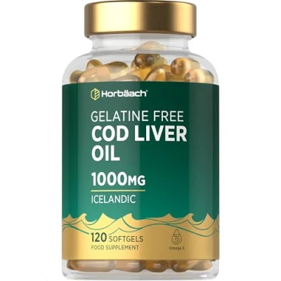 Image of Cod Liver Oil Gelatine Free 1000mg 120 Capsules High Strength Supplement with Vitamin A, D and Omega 3 DHA/EPA Suitable for Pescatarians by Horbaach