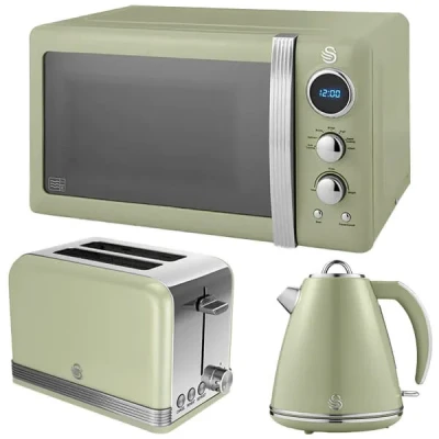 Image of Swan Retro Green 1.5L Kettle, 2 Slice Toaster &amp; 20L Digital Microwave Set