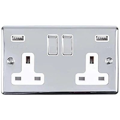 Image of Enhance Decorative 2 Gang USB Socket Polished Chrome Finish With White Trim