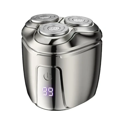 Image of Portable Electric Shaver for Men. LCD Display, Waterproof, Magnetic Shaving Head, USB C Rechargeable Rotary Beard Shaver. Cordless Razor, Self Sharpening Blades Wet &amp; Dry Shave. (Silver)