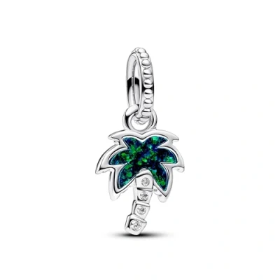 Image of Pandora Moments Palm tree sterling silver dangle with green blue lab created opal and clear cubic zirconia