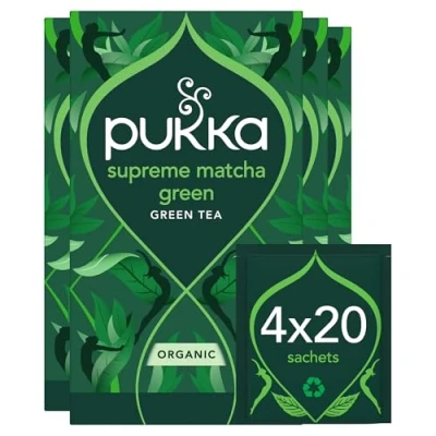 Image of Pukka Herbs Supreme Matcha Green Organic Tea Box Energizing With Powder Ideal For Daily Vitality 4 Packs 80 Plant Based Biodegradable Bags