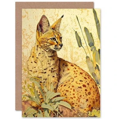 Image of Artery8 Serval Cat in Nature Detailed Watercolour and Ink Bright Illustration Art Birthday Sealed Greeting Card Plus Envelope Blank inside