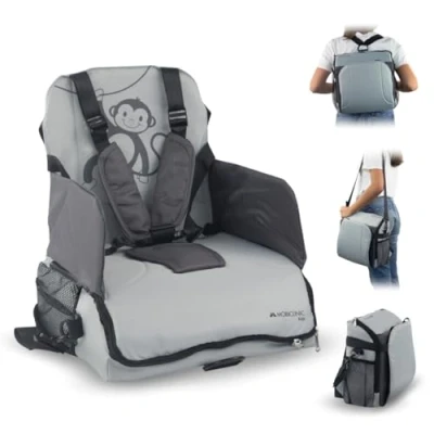 Image of Mobiclinic® Kids, Travel Booster Seat, Monkey, Portable High Chair, 6 to 36 Months, Up 15 kg(33 lb), Foldable, with Storage, Baby Colour Grey