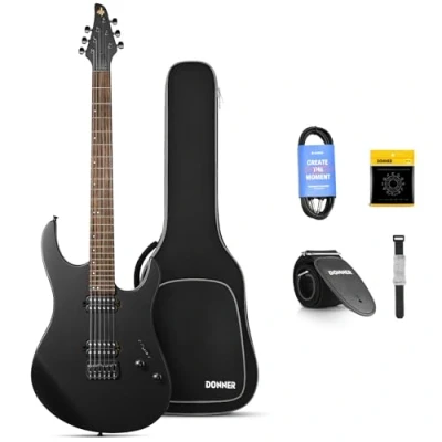 Image of Donner Solid Body Electric Guitar, DMT 100 39 Inch Metal Guitar Kits with H Pickups, Bag, Strings, Strap, Cable, Strings Dampener for Rock Music Lover (BLACK)