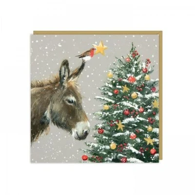 Image of Charity Christmas Cards Donkey and Robin Decorating a Tree with Foil Details Eco Friendly Pack of 6 By Art Beat
