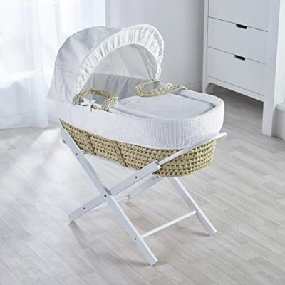 Image of Kinder Valley White Waffle Palm Moses Basket with Folding Stand White, Adjustable Hood, Fibre Mattress &amp; Padded Liner