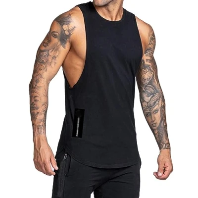 Image of Men&#039;s Sleeveless Drop Arm Round Neck Muscle Stringer Vest Cut Open Gym Training Bodybuilding Tank Top,Black,L