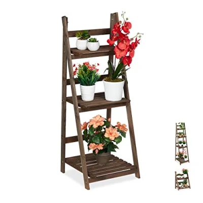 Image of Relaxdays Multi Tier Flower Shelf, Wooden Plant Ladder Rack, Folding, 108 x 41 40 cm, Dark Brown