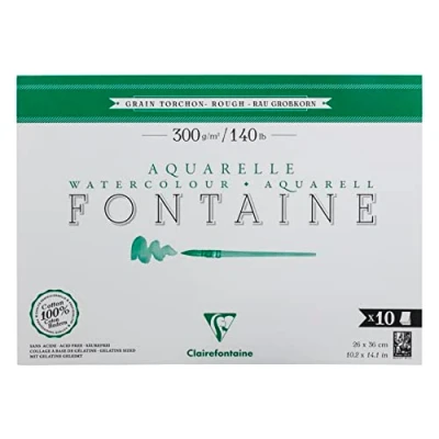 Image of Clairefontaine 975515C Glued Pad 1 Side Fountain 10 Sheets White Watercolor Paper 100% Cotton Grain Tea Towel Professional Quality 26x36 cm 300g