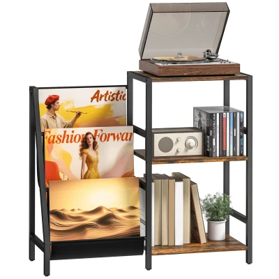 Image of HOMCOM Record Player Stand, 3 Tier Side Table with Vinyl Storage, End Oxford Cloth Magazine Racks for Living Room, Bedroom, Rustic Brown