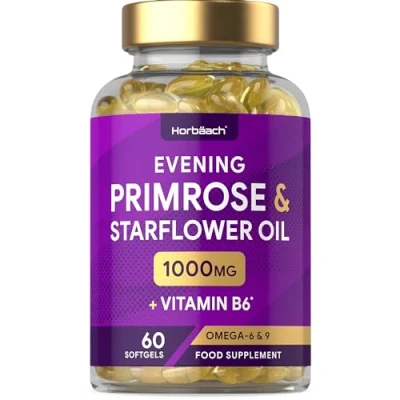Image of Evening Primrose and Starflower Oil Capsules 1000mg with Vitamin B6 60 Softgels Rich Source of Omega 6 GLA &amp; 9 Oleic Fatty Acids by Horbaach