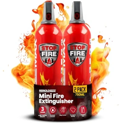 Image of ReinoldMax Compact Fire Extinguisher With Holder ALL in ONE for Home, Car, Camping, Caravan Kitchen, Campervan, BBQ Aerosol 1 750ml FIRES and Lithium Batteries