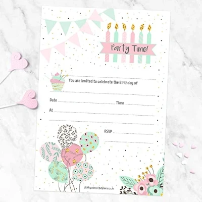 Image of Pretty Pastel Party Invitation Notelet 143 x 205mm, Perfect for Girls/Boys Kids Birthdays, Celebrations, Parties Pack of 20 Envelopes Included. Easy to Send (28 0004)
