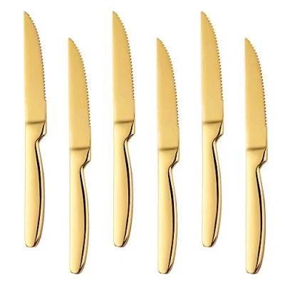 Image of BISDARUN Stainless Steel Serrated Steak Knives Set of 6, Gold Coloured Dinner Table Knifes Thick Cutlery for Cutting Meat 8.66 inches (22cm)