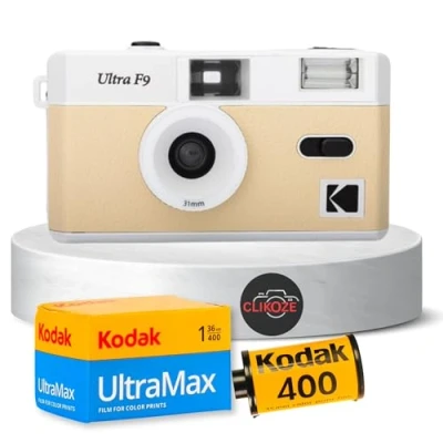 Image of Reusable Film Camera Bundle Includes a Light Beige Kodak Ultra F9 Camera, Ultramax 35 mm 36 Exposures and Clikoze Photography Tips Card