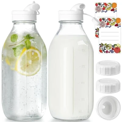 Image of Milk Bottle with Dispenser Cap, 100% Airtight Heavy Duty Screw Lid. 2 Pack 32 Oz Reusable Glass Bottles 3 Lids! Jug Pitcher, Buttermilk, Water, Juice w Syrup, Honey