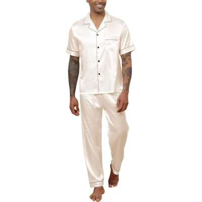 Image of Reliwel Mens Pyjamas Set Silk Short Sleeve Button down Shirt and Long Pants Silky Pjs Notch Collar Loungewear Sleepwear Nightwear S Xxl Champagne