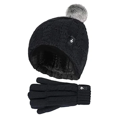 Image of HEAT HOLDERS Girls Bobble Pom Hat and Gloves Set Turn Over Cuff &amp; Cable Knit Style (7 10 Years, Black)