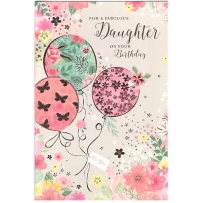 Image of Birthday Card for Daughter, 15 x 23 cm, Gold Foil and Glitter Balloons with Flowers Design, Sentiment Inside