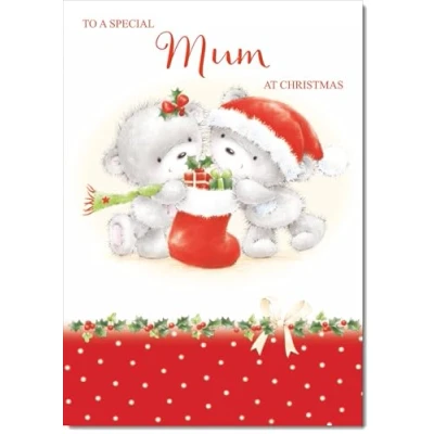 Image of doodlecards Mum Christmas Card Cute Bears with Stocking Medium Size for Plain Envelope