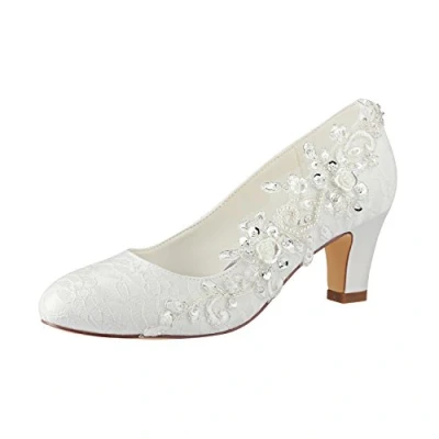 Image of Emily Bridal Wedding Shoes Women&#039;s Silk Like Satin Chunky Heel Pumps with Stitching Lace Flower Crystal Pearl (EU38/UK5, Ivory)