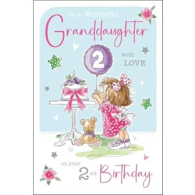 Image of Jonny Javelin Wonderful Granddaughter 2nd Birthday Card Happy Age 2 with Girl and Cake Design Foil Flitter Details for Children