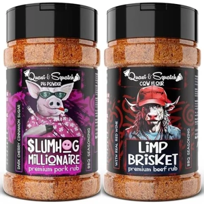 Image of BBQ Rub TWIN PACK by Quasi &amp; Squatch SlumHog Millionaire (Pork Rub) Limp Brisket (Beef X2 Seasoning Two Large Bottles for Barbecue = 440g