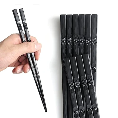 Image of AOOSY 5 Pairs Fiberglass Dishwasher Safe Chopsticks,Japanese Style Beautiful Pattern Black Sushi Non Slip Chopsticks Alloy with Gift Box