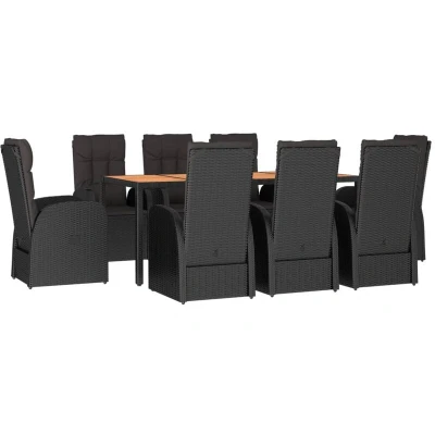 Image of vidaXL 9 Piece Garden Dining Set Black Poly Rattan&amp;Solid Wood Acacia
