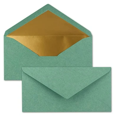 Image of 50 DIN Long Envelopes Vintage Eucalyptus (Green) with Gold Metallic Inner Lining 110 x 220 mm Wet Seal Festive for Invitations