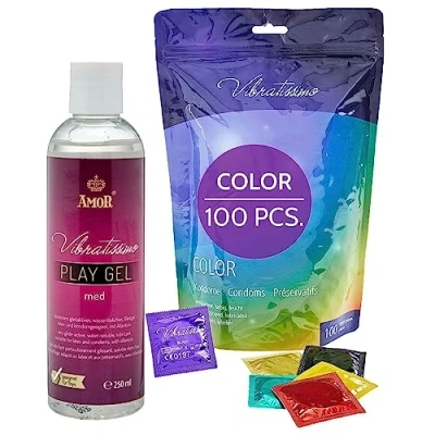 Image of VIBRATISSIMO Color Condoms 100 Pack &amp; Lubricant Set I Feel Real Extra Lubricated for Men in Reusable Bag red, Black, Green, Yellow, and Gold