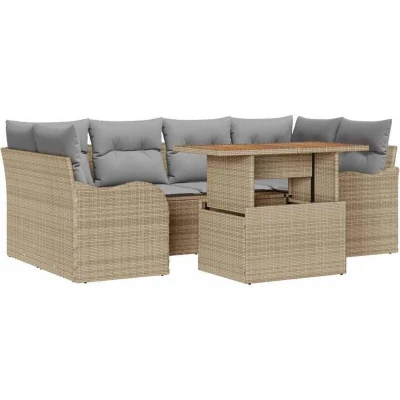 Image of vidaXL 7 Piece Garden Sofa Set with Cushions Beige Poly Rattan Acacia
