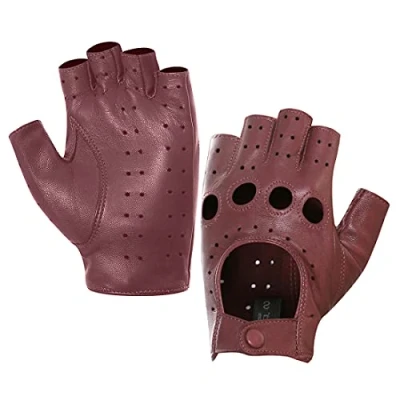 Image of Harssidanzar Leather Driving Gloves,Womens Lambskin Half Finger Fingerless Gloves Unlined GL012,Bungundy,Size L