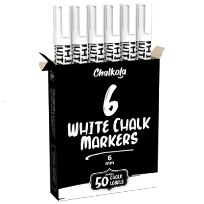 Image of Liquid Chalk Pens White Dry Erase Markers for Chalkboard Signs, Windows, Blackboard, Glass 6mm Reversible Tip (6 Pack) 50 Labels Included