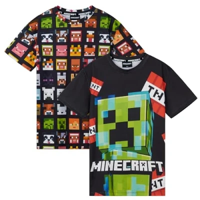Image of Minecraft Boys Crew Neck T Shirts, Soft Breathable Material Pack of 2 Gifts (Black/Multi, 7 8 Years)