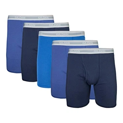 Image of Gildan Men&#039;s Underwear Boxer Briefs, Multipack, Navy/Metro Blue/Antique Royal (5 Pack, Classic Length), XL (Pack of 5)