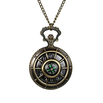 Image of JewelryWe Antique Hollow Pocket Watch Vintage Steampunk with Compass Decoration Stylish Necklace Chain for Men Women