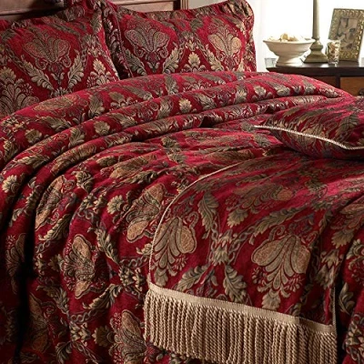 Image of Shiraz Throw Bed Runner Burgundy Red and Gold Embroidered Damask Jacquard Twisted Loop Fringing Non Slip Lining 100% Polyester 130 x 170cm (51&quot; 67&quot; inches) Made by Riva Paoletti