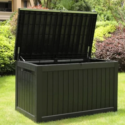 Image of Olsen &amp; Smith 870L Extra Large XL Outdoor Garden Storage Box Weather Resistant Heavy Duty Wood Effect with Padlock Massive Capacity Chest for Tools Cushions Toys More, Grey