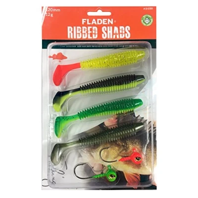 Image of FLADEN Fishing 4 x SOFT LURE RIBBED SHADS Assortment Imitation Bait Fish for Predatory Comes with 2 Non Toxic Jig Heads (Pack 2, 12cm / 12g Size 5/0 jigs) [20 67004]