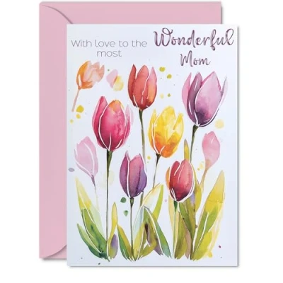 Image of Mom Birthday Card Watercolour Tulips Flowers Happy for from Son Daughter, A5 Female Floral Bday Greeting Cards