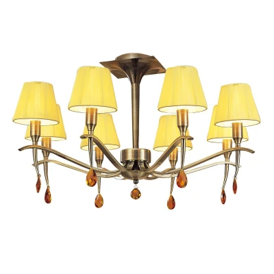 Image of Siena Semi Flush Round 6 Light E14, Antique Brass With Amber Cream Shades And Crystal