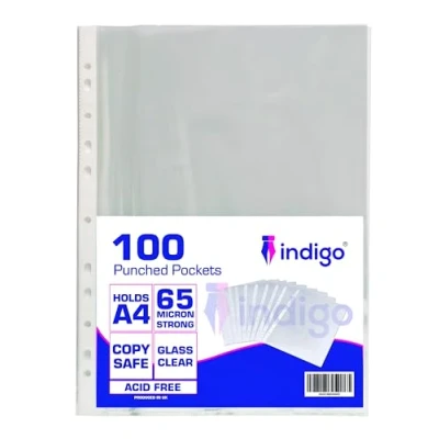 Image of Indigo A4 100 Glass Clear 65 Micron Punched Pocket Polypropylene Top opening [Pack of 100]
