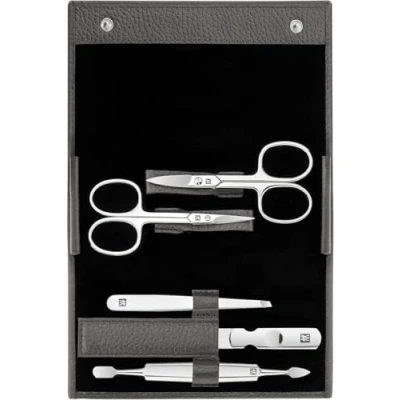 Image of ZWILLING Manicure Set (5 Pieces, Nail Care and Pedicure with Genuine Leather Case Scissors Cuticle Scissors), Polished Stainless Steel, Anthracite