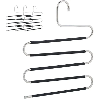 Image of Relaxdays, Set of 4 Multi Trouser Hangers, S Shaped, 5 Rails, Non Slip, Space Saving Pants Holder, Metal, Silver/Black, Stainless steel, 38 x 32.5 1 cm