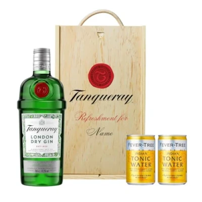 Image of BEER HUNTER Personalised Tanqueray London Dry Gin Gift Set In Wooden Box With Fever Tree Tonic Water 47.3 ABV (70cl)